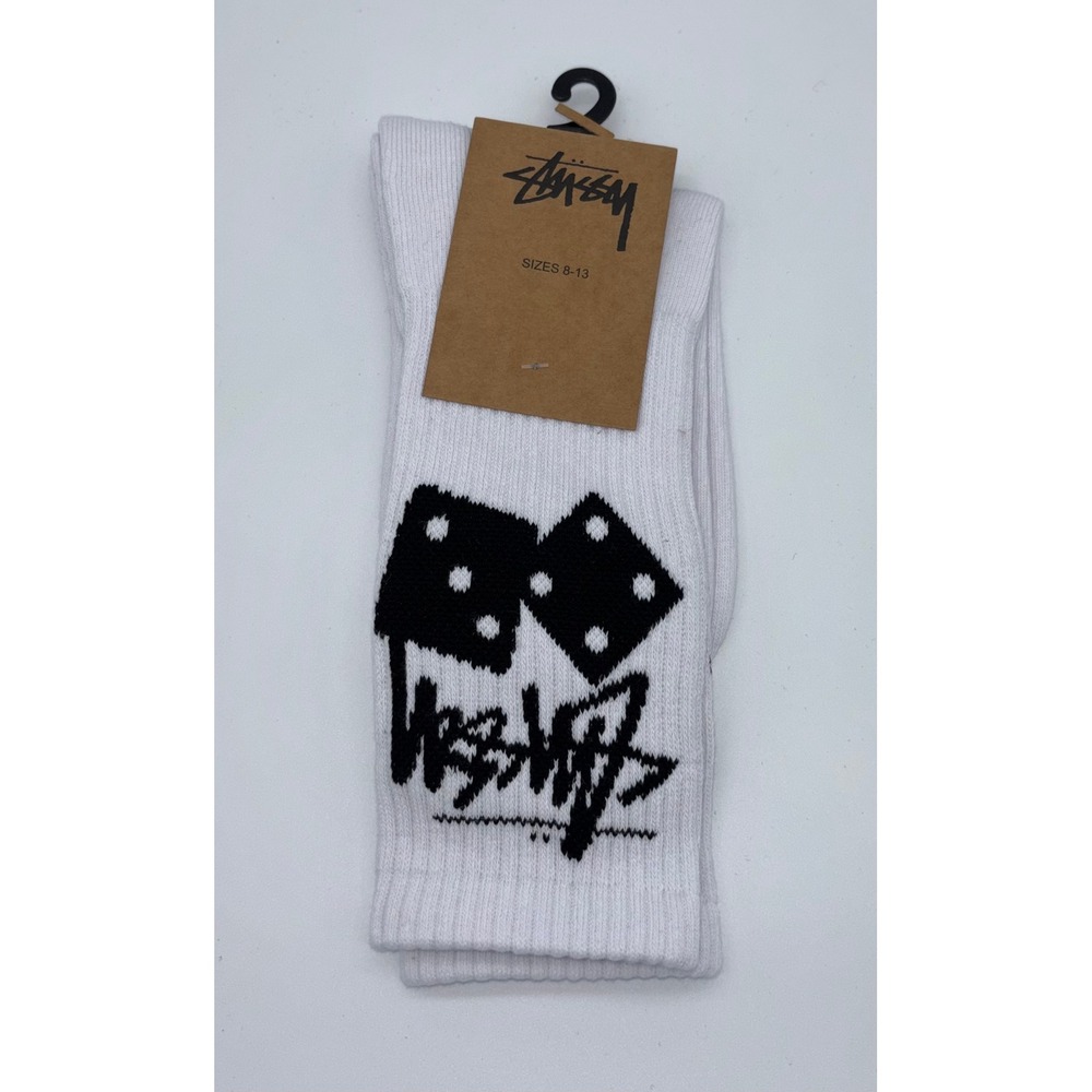 Stussy Stock Crew Socks White Dice Script Logo Mens Sizes 8-13 New 138775